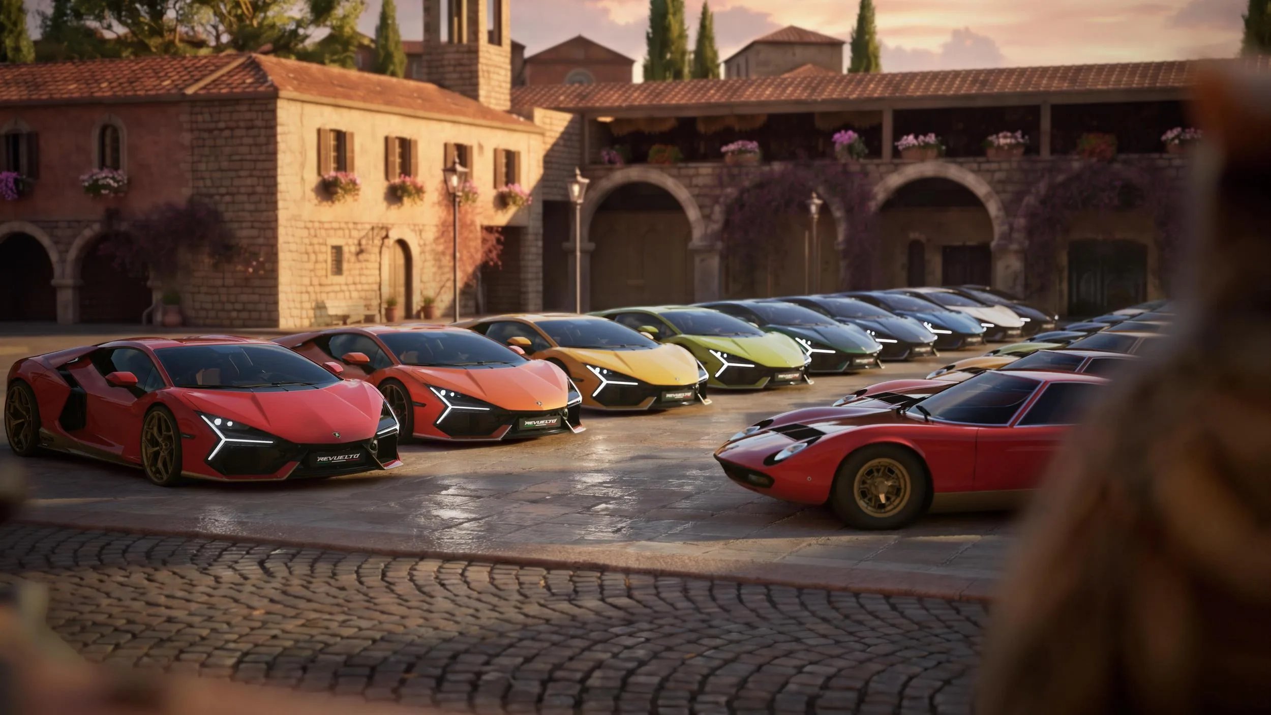 Varios Lamborghini Revuelto de colores alineados frente a un edificio histórico