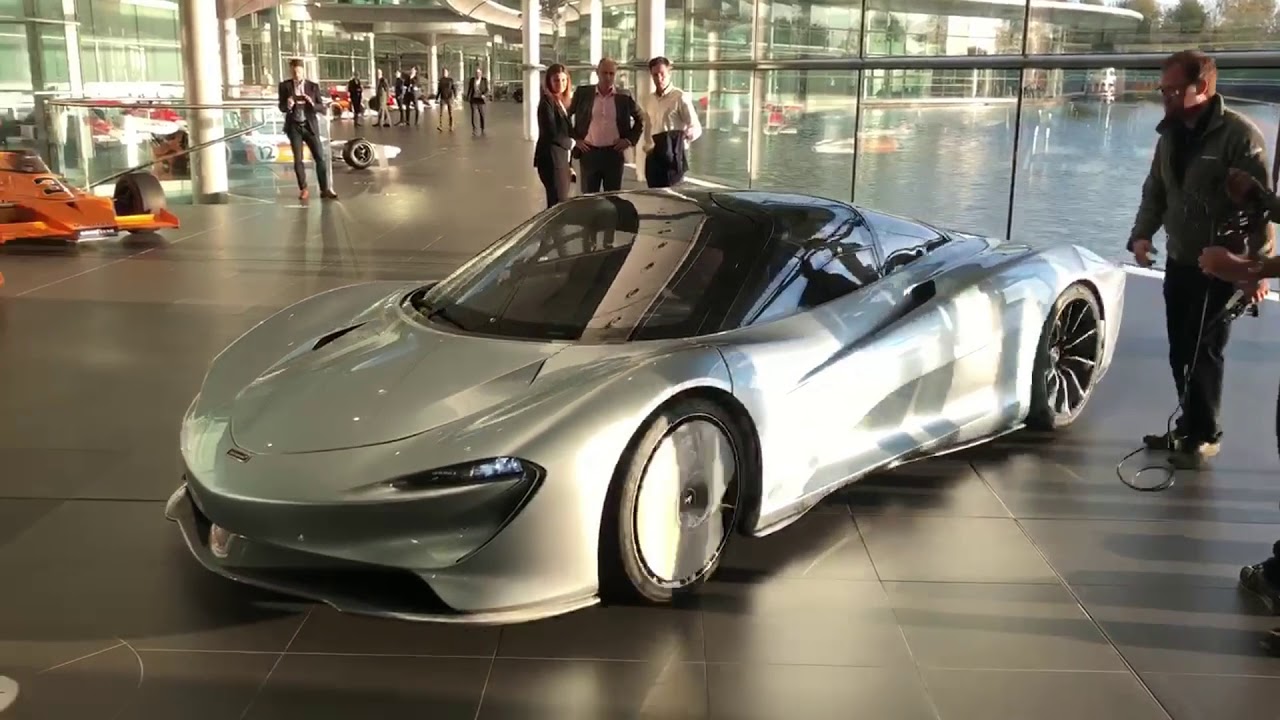 McLaren Speedtail leaving McLaren building driven by Alex Alexiev.