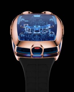 Este reloj tiene un pequeño motor W16 de Bugatti funcional en su interior, pero su precio es astronómico